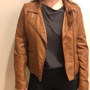 Brown/tan moto style faux leather jacket